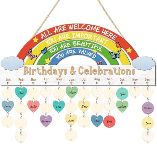CHDITB Regenbogen-Geburtstagskalender, Wandschild, inspirierende Zitate, Klassenzimmer, Geburtstag, Erinnerung, Kalendertafel mit 100 Holzanhängern, Klassenzimmer, DIY, Geburtstags-Tracker-Plakette