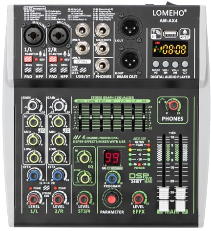Consola de mezclas de 4/6 canales con entrada de 48 V, 99 efectos DSP, mezclador de DJ con Bluetooth, USB, PC, reproducción, grabación, podcast, mesa de sonido AM-AX4 ,Compatibilidad Universal(6 Chann