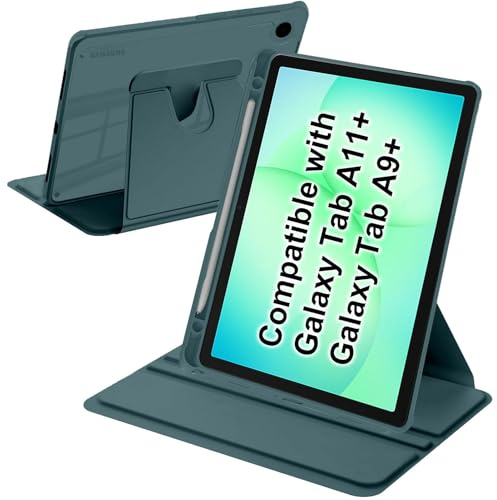 A-BEAUTY Funda para Samsung Galaxy Tab A11 Plus +/A9 Plus 11 Verde Oscuro | con S Pen Soporte, Soporte Giratorio de 360° Cubierta Trasera Transparente, Auto-Sueño/Estela