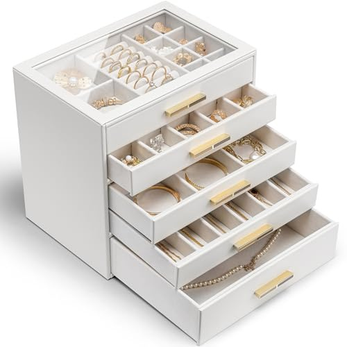 Vlando Schmuckkästchen Groß, Schmuckkasten mit 5 Ebenen, Schmuck Organizer mit Glasdeckel, 5 Schubladen,für Halsketten, Ohrringe, Uhren, Armbänder, Schmuckaufbewahrung, Modern, Cinderella Plus, Weiß