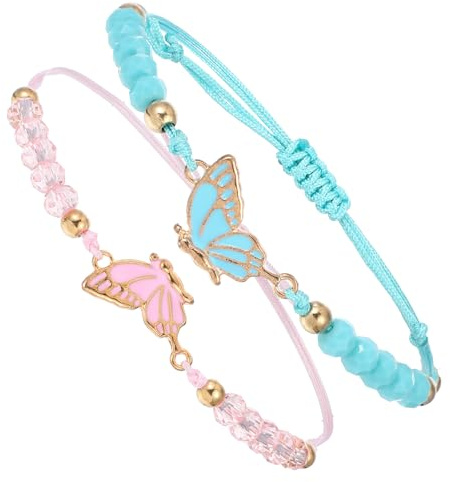 Bewudy Lot de 2 bracelets d'amitié en forme de papillon, bracelets assortis à brin réglable, bracelets pour meilleurs amis pour 2 breloques faites à la main, bijoux d'amitié cadeaux pour femmes et