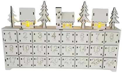 Calendario de Adviento de madera iluminado con 24 compartimentos de almacenamiento, iluminación LED de Navidad, cuenta regresiva, suministros de fiesta, cuenta regresiva de Navidad