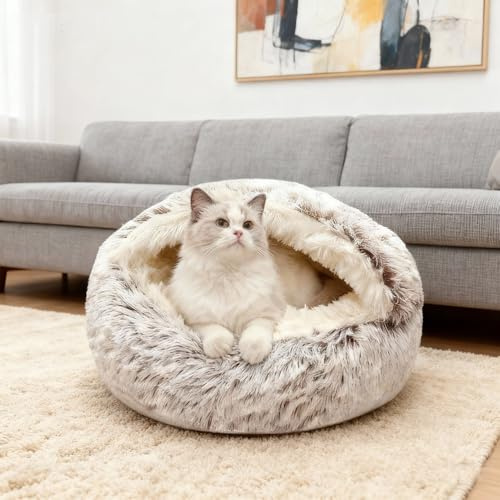 SHJOEE Flauschig Haustierbett Waschbar Katzenbett Hundebett Plüsch Katzenkissen Warm Kuschelbett mit Kapuze rutschfest Katzenkorb Hundekorb Weiches Schlafplatz für Katzen Kleine Mittelgroße Hunde