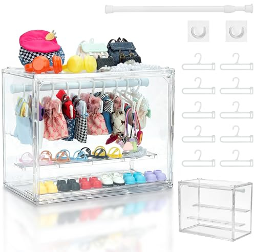 Caja de almacenamiento para guardar ropa de muñecas, armario de escritorio, caja de exhibición de accesorios para muñecas, bonito organizador de almacenamiento con perchas y barra (no incluye