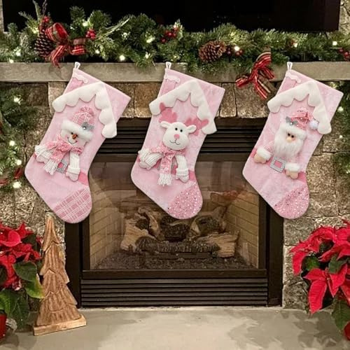 3er Set Weihnachtsstrümpfe, Süße Rosa 44cm Weihnachtsstrümpfe Deko, Weihnachtssocken für Baum, Christbaum Schmuck, Für Süßigkeiten, Festliche Tradition