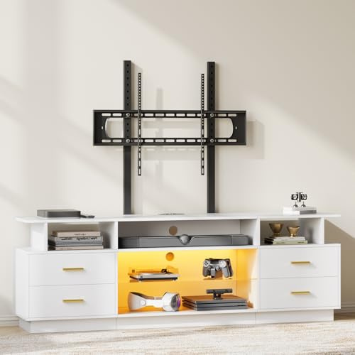 FUSOU Meuble TV avec Support Réglable et Éclairage LED RVB, avec 4 Tiroirs, Étagères Ouvertes en Verre, 180 cm, Meuble Télé Moderne, pour TV de 32 à 70 Pouces, pour Salon, Chambre, Blanc