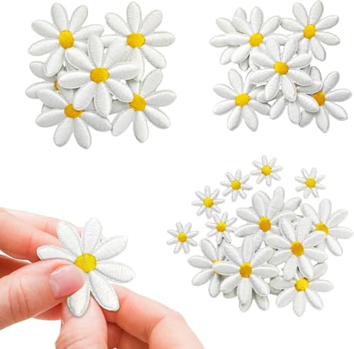 Gänseblümchen Aufnäher 40 Stück in 4 Größen Weiße Blumenpatches zum Aufbügeln (Bügelflicken) mit Schmelzkleber-Rückseite zum Ausbessern von Kleidung oder für Dekorationen (40 Stück)