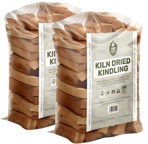 Green Olive Firewood - Pack of 2 Bags (Approx 4.4kg) Kiln Dried Kindling Wood - Sticks - Natural Fire Lighters for Log Burners, Wood Burning Stoves, BBQS, Camping, fireplaces & Pizza Ovens