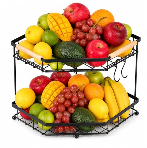 2 Etages Corbeille a Fruit en Métal Antirouille, Panier Fruit avec Support Bananes Amovible, Panier Légumes d'Angle Facile a Assembler, Fruit Basket pour Sous les Armoires Cuisine et la Salle Manger