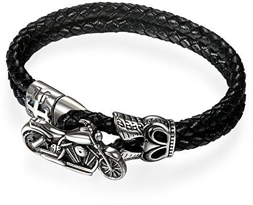 Flongo Edelstahl Leder Echtleder Armband Armreif Manschette Geflochten Lederarmband Schwarz Silber Surfer Surferarmband Motorrad Motorradfahrer Biker Herren Herrenarmband