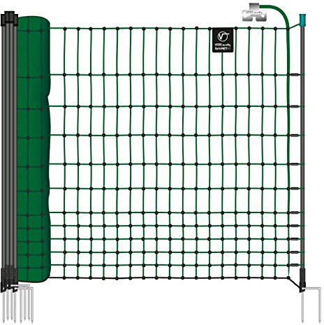 VOSS.farming farmNET 25m Hühnerzaun, Geflügelnetz, 112cm, 9 Pfähle, 2 Spitzen, grün, elektrifizierbar, Hühnernetz, Hundenetz, Katzennetz