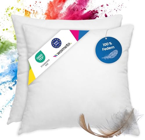 wometo 2er Set Federkissen 100% Federn 80x80-1200g Oeko-TEX Sofakissen Kopfkissen Füllkissen Bezug Baumwolle weiß/Innenkissen/Kissenfüllung/Schlafkissen (2 Stück)
