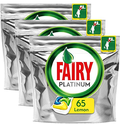 3 Packs Fairy Platinum Dishwasher Capsules Lemon 65 Per Pack (195 Tablets)