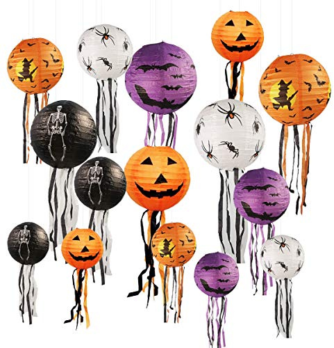 15 Stück Halloween Papier Laternen, 20cm, 25cm, 30cm Kürbis Spinnen Geister Papierlaterne Jack-O-Laterne mit Schnurrhaaren für Halloween Party Hochzeiten Garten Schlafzimmer Dekoration