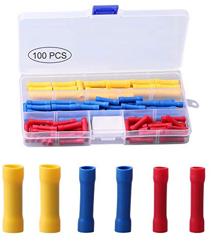 100 PCS Straight Wire Butt Connector, Fully Insulated Butt Splice Connectors, Electrical Butt Crimp Connectors Automotive Cable Crimp Terminals, Blue Red Yellow