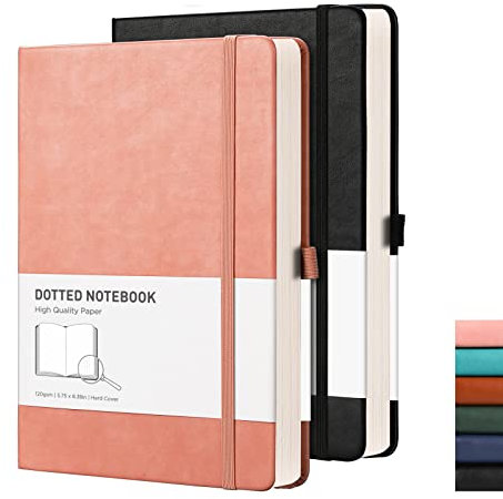 RETTACY A5 Gepunktetes Notizbuch 2er Pack - Bullet Dot Grid Journal mit 320 nummerierten Seiten Hardcover 120gsm dickem Papier, 8 perforierten Blättern, Innentasche - Schwarz Rosa