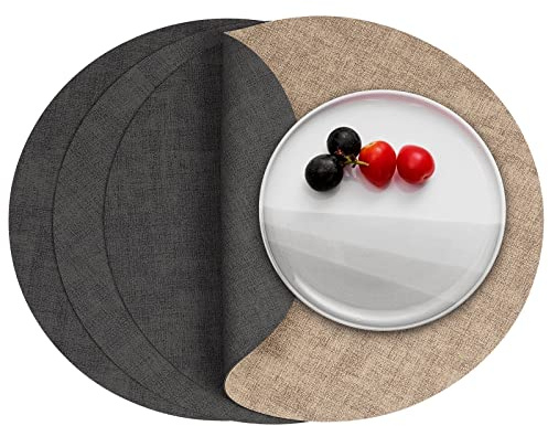Myir JUN Round Placemats Dual Sided, Faux Leather Place Mats Set of 4 Indoor Placemat for Dining Table Outdoor Place Mat Non-Slip Washable Table Mats (Gray Beige, Set of 4)