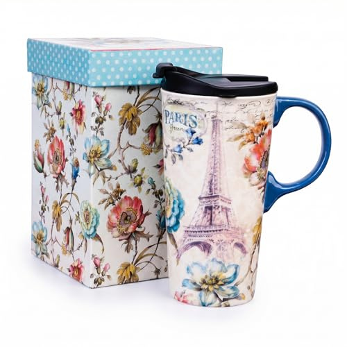 DUSVALLY 17oz Ceramic Travel Mug with Lid & Handle, Porcelain Coffee Cup, Travel Coffee Mug with Gift Box, Microwave & Dishwasher Safe, Reusable Coffee Tumbler for Home, Office & Commute