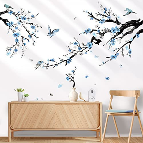 wondever Wandtattoo Blumen Vögel auf Baum Ast Wandaufkleber Blüten Blumen Blau Wandsticker Wanddeko für Wohnzimmer Schlafzimmer Sofa Hintergrund