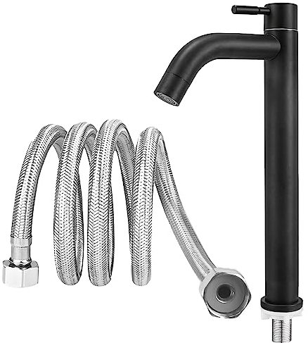 SLFYEE Wasserhahn Bad Waschbecken Waschtischarmatur Hoch Kaltwasserarmatur Schwarz Kaltwasserhahn 304 Edelstahl für Küche Badezimmer