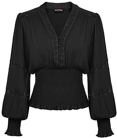Scarlet Darkness Chemisier à Smocks Renaissance en Dentelle avec col en V et Manches lanternes pour Femme