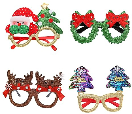 BASTOUR 4 Stück Weihnachten Brille Rahmen, Glitzer Weihnachten Brillengestell, Lustige Weihnachtsbrillen, Weihnachtsbrillen Kreative Lustige zum Weihnachten Party Deko für Erwachsene und Kinder