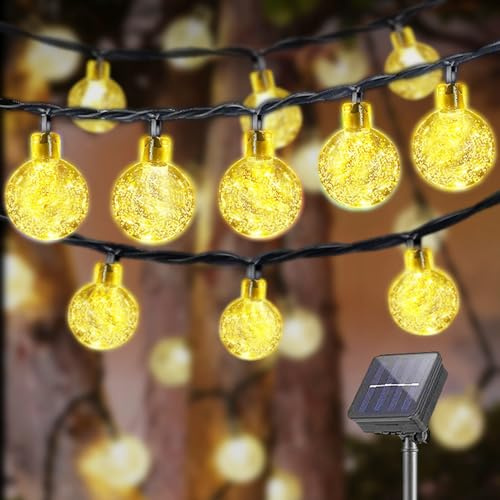 LQWELL® Solar Lichterkette Aussen 13M 60LED 8 Modi für Innen und Aussen Kettenlicht Kristall Kugeln IP44 Lichterkette Wasserdicht Garten Terrasse Balkon Hochzeit Party Fenster (Warmweiß)