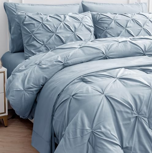 LANE LINEN Queen Bed Comforter Set 7 Piece - Microfiber All-Season Queen Size Bedding Comforter Set - Deep Pocket Fitted Sheets, Pillowcases & Shams - Soft Touch Extra Puffy Cozy Bedding - French Blue