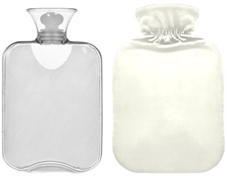 Botella de agua caliente marfil con bonita cubierta, bolsa de agua caliente reutilizable de 1 litro para calambres menstruales, alivio del dolor de cuello y hombros, calentador de pies de cama