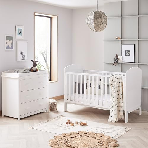 Babymore Aston 2 Piece Nursery Room Set White - 1 Baby Cot Bed & 1 Chest Changer With 3 Double Handle Drawers, Wooden Chest Of Drawer Storage Cabinet | 2 Piece Aston Nursery Room Furniture Set White