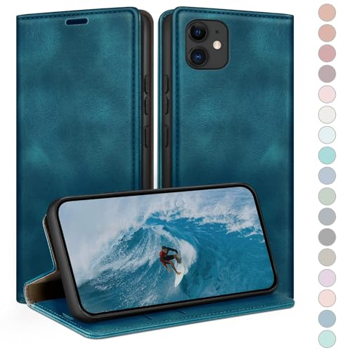 HUOUH für iPhone 12/iPhone 12 Pro 6,1 Hülle mit RFID Schutzhülle aus Lederhülle Handyhülle,360 Grad Schutz Case,Kartenfach Leder ständer Handy hülle für Apple 12 Klapphülle Wallet Cover Türkis