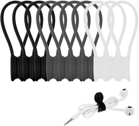 10pcs Magnetic Cable Ties Silicone Cord Clips Wire Organizer Reusable Magnetic Cable Ties USB Cable Manager White Gray Black for Daily Office, School, Home
