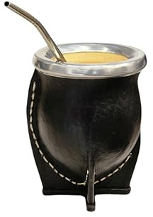 Tasse mate argentine premium avec intérieur en bois de citrouille naturel et extérieur en cuir noir avec acier inoxydable - Comprend une ampoule pour Yerba Mate.