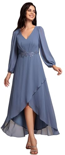 Ever-Pretty Vestido de Invitada Boda Cuello en V para Mujer Mangas Linterna Cintura Imperio Aplique Vestidos de Dama Honor Armada Polvorienta 56