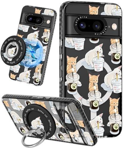 Lotadilo Cute for Google Pixel 8 Case - Compatible with Magsafe Magnetic Ring Holder Stand Kickstand for Women Girls Girly Funny Fashion Pretty TPU Phone Covers Cat Cafei Design