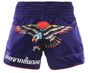 Muay Thai Shorts Kickboxing Shorts Gym Boxing Unisex MMA Shorts Training Workout Trunks with Pocket, Eagle-navy, Large