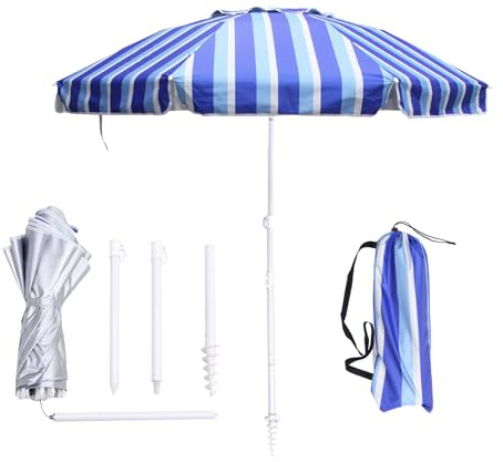 LOTTAFUN 6.5ft Beach Umbrella - Heavy Duty Wind Resistant UV 50+ Portable Sun Shade with Sand Anchor & Carry Bag, Outdoor Folding Umbrella for Beach, Pool, Patio, Garden (Blue Vertical Stripe)