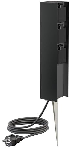 ledscom.de Colonne de Prises de Jardin POMI avec Piquet de Terre et 2m de câble pour l'extérieur, IP44, 3X, Noir, carré, 33cm