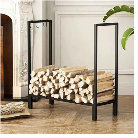 Estante de leña de metal resistente, fácil de montar, almacenamiento en interiores y exteriores para chimenea, camping y quemadores de madera, 118 x 35 x 100 cm