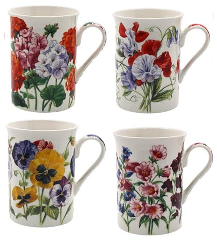 Tamersgifts Fine China Floral Mugs, Set of 4, 300ml Capacity, 10cm Height, Traditional Design, Dishwasher Safe (4 Assorted Flower Mugs)