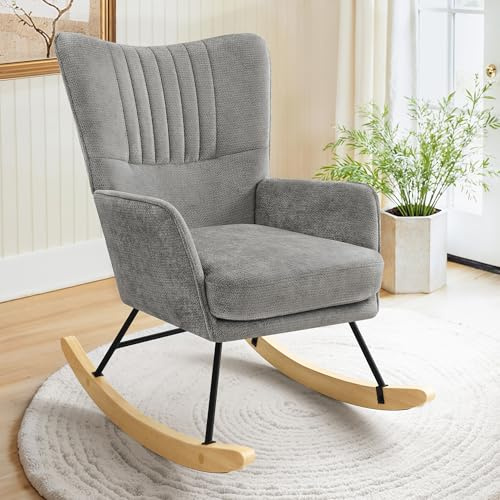 LUE BONA Schaukelstuhl aus Chenille mit extra dickem Sitzkissen, Polstersessel mit Armlehnen & Holzkufen, Bequemer Relaxstuhl für Wohnzimmer, Grey