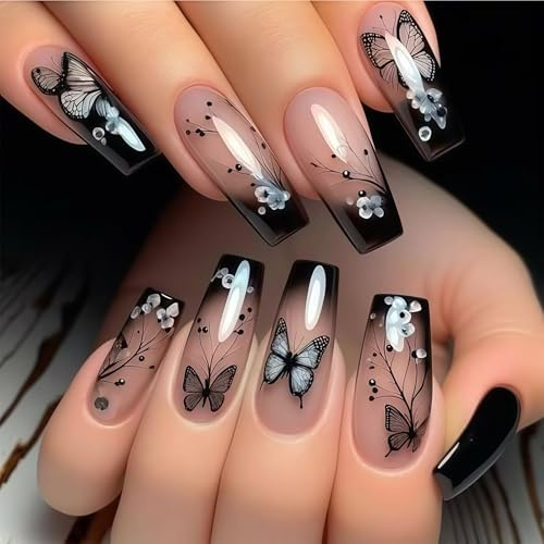Cosblisvia 24 Stück Coffin Press on Nägel Ombre, Künstliche Fingernägel mit Schmetterling für Damen, Karneval, Party, Hochzeit, Alltag (Schwarz & Weiß)