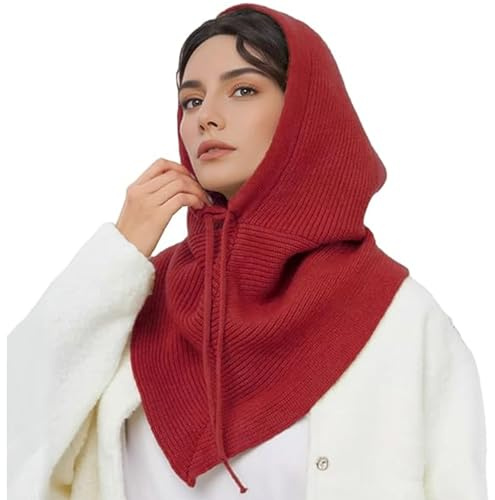 Winter-Strick-Kapuzenschal für Damen, lässig, vielseitig, solide, weich, bequem, warm, dick, Nackenwickel, Kordelzug, rot, Einheitsgröße