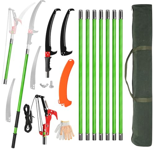 30FT Pole Pruning Saw, Adjustable Manual Pole Saw Trimmer with 9 Fibreglass Handles, Pole Saws for Tree Trimming with Carry Bag & Sturdy Pole, Garden Tools for Palm Oak High Branches