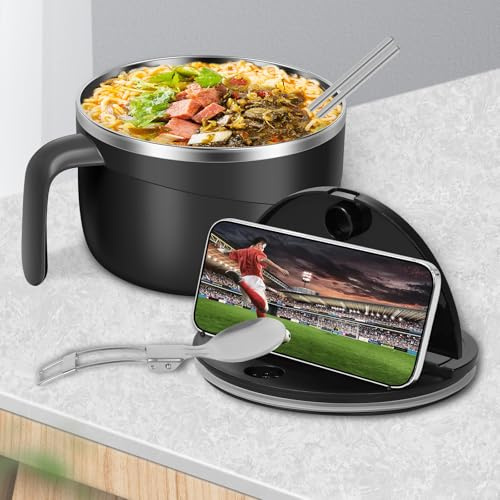 ATopoler 1200ml Rapid Ramen Bowl with Filterable Lid,Portable Ramen Cooker Bowls with Phone Holder and Handle,Stainless Steel Noodle Bowl with Spork Chopsticks for Dorm Office (Black)