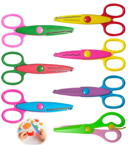 Set di 7 forbici per fai da te, forbici a zig-zag, forbici per fai da te, per la scuola elementare, forbici a zigzag, in tessuto, diversi disegni colorati e sicuri, motivi divertenti per lavori di