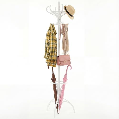 COSTWAY Garderobenständer Holz, Jackenständer mit 12 Haken, Kleiderständer mit Schirmständer, Garderobe freistehend Standgarderobe für Flur, Schlafzimmer, 182 x 47,5 cm (Weiß)