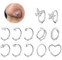 Nasenring für Damen Herren 20G Gold Silber Hypoallergen Nasenpiercing | 12 Stück dünn Chirurgischem Nasenpiercing Ring Herz Schmetterling Blume Doppelring mit Zirkonia Nasen Piercing Ringe 8mm