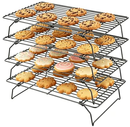 yolzhxe 4 våningar stapelbart kylgaller, 40 x 25 x 4 cm kylställ, kolstålmaterial, non-stick-beläggning, tårtgaller för matlagning, bakning och grillning