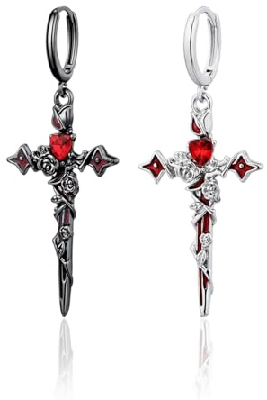 RVYEIOP Pendientes de Aro con Cruz y Rosa para Mujer y Hombre, Set de 2 Piezas (Negro y Plata), Pendientes Góticos de Acero Inoxidable Estilo Punk Retro, Joyería de Moda